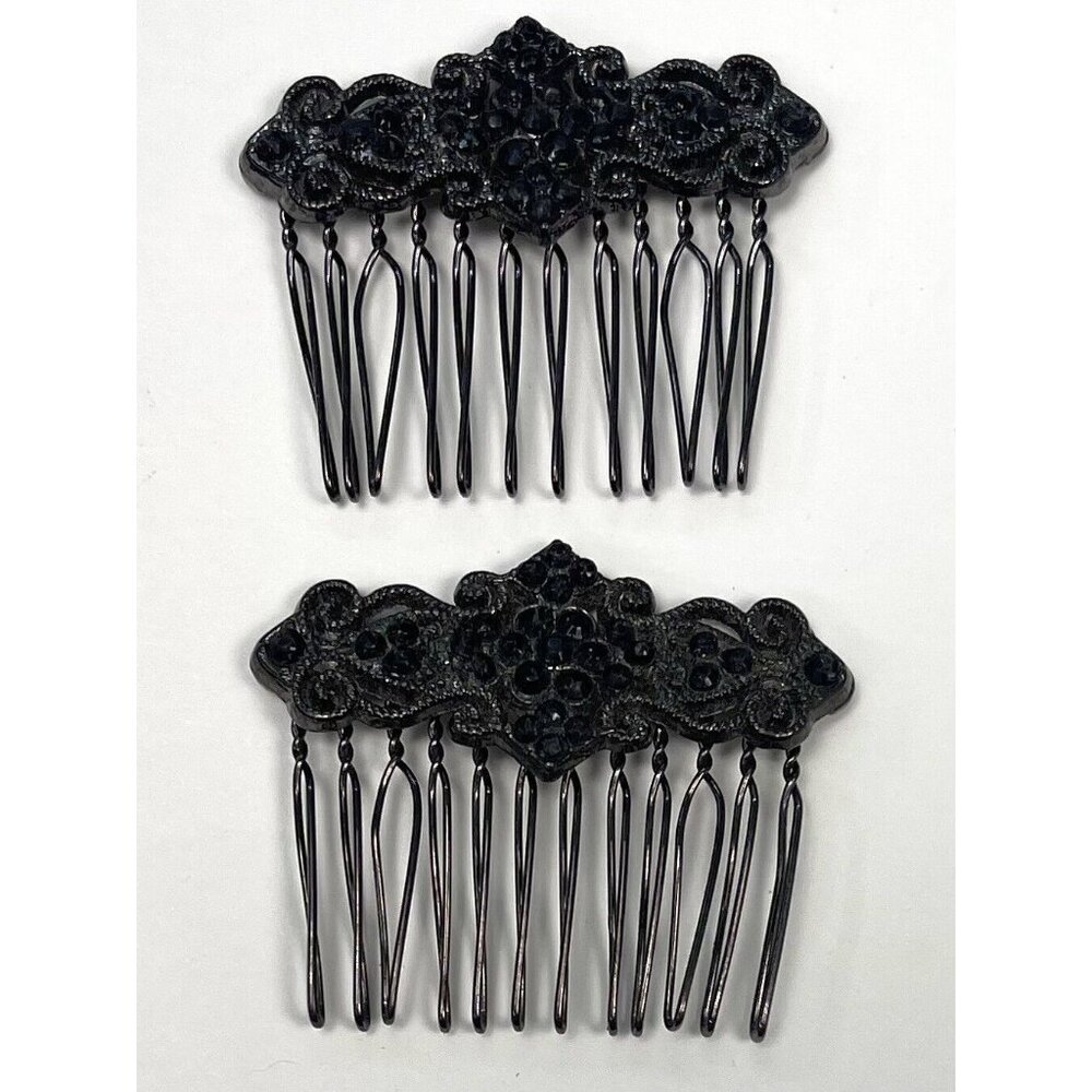 VTG 2pc Set 2" Black Metal Victorian Rhinestone Hair Combs Clips Accessories EUC
